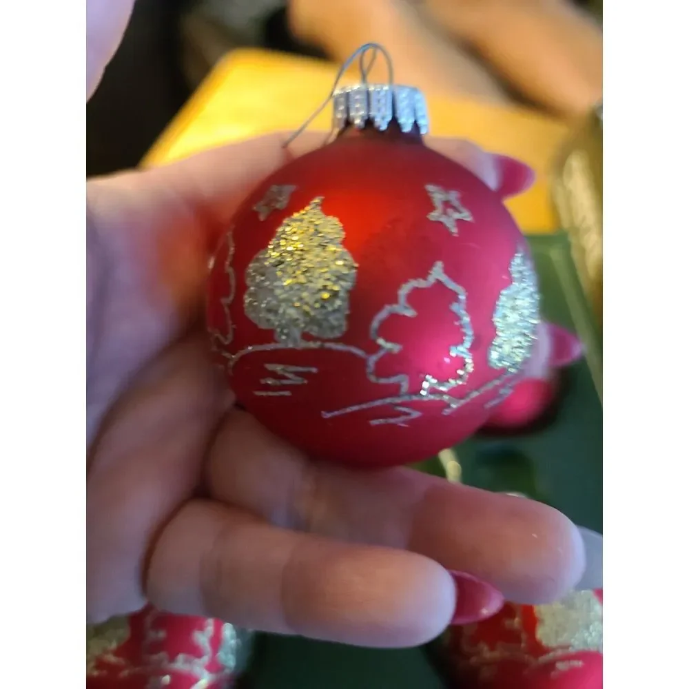 VTG RED GOLD GLITTERY Glass Christmas Tree Ornaments CRISTAL W. Germany‎